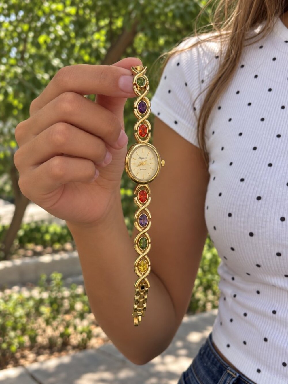 Dainty Gold Multicolor Stone Bracelet Watch Y2K Retro Coquette OS
